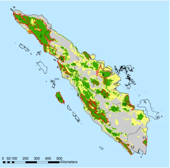 Gambar	
  2.	
  Peta	
  bentang	
  alam	
  prioritas	
  TFCA-­‐Sumatera	
  (polygon	
  merah).	
  Nomor	
  merepresentasikan	
   nama	
  bentang	
  alam	
  prioritas.	
  	
  
