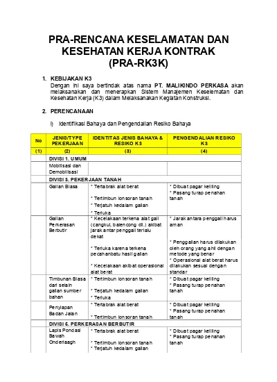 Pra Rencana Keselamatan Dan Kesehatan Kerja Kontrak Pra Rk3k 9195