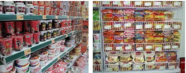Gambar 1. 4 - Produk Berbagai Jenis Mie Instan yang Sudah Diklasifikasi dan Ditata Pada  Rak Gondola di Sebuah Supermarket 