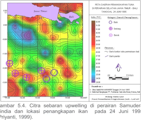 Gambar  5.4. Citra sebaran upwelling di perairan Samudera  Hindia dan lokasi penangkapan ikan  pada 24 Juni 1995 (Priyanti, 1999).