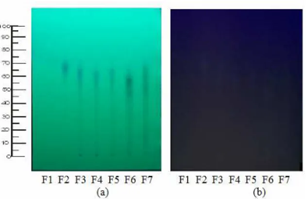 Gambar  2.  Hasil  identifikasi  alkaloid  ketujuh  fraksi  dengan  fase  diam  silika  gel  60 F  254  dan  fase  gerak  etil asetat : metanol (1:5 v/v) menggunakan pereaksi semprot Dragendorff, tanda anak panah  menunjukkan bercak yang merupakan alkaloid
