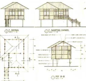 Figure 1. Floor plan, elevation and section of timber house  Sistem Konstruksi 