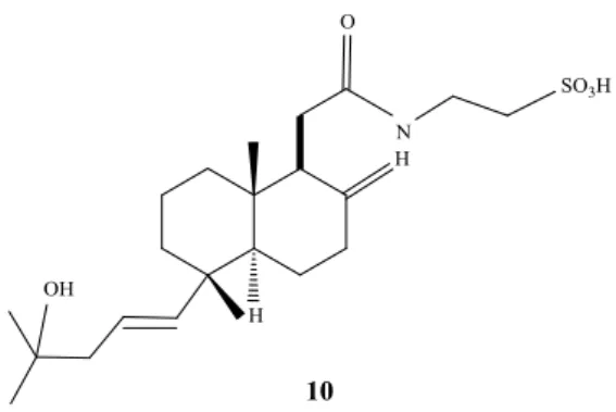Gambar 7. Beberapa senyawa terpenoid yang berasal dari sponge memiliki  aktivitas anti bakteri, (8) disideamina, (9) klatrimida A, dan (10)  klatrimida B