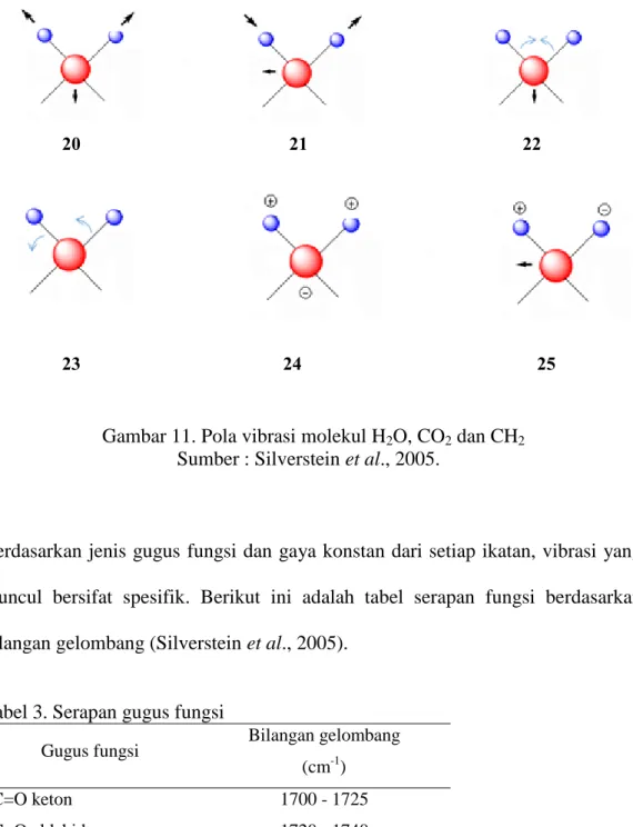 Gambar 11. Pola vibrasi molekul H 2 O, CO 2  dan CH 2     Sumber : Silverstein et al., 2005