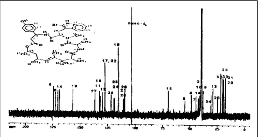 Gambar 5.  Spektrum  13 C-NMR (125 MHz) senyawa aktif dalam DMSO-d 6