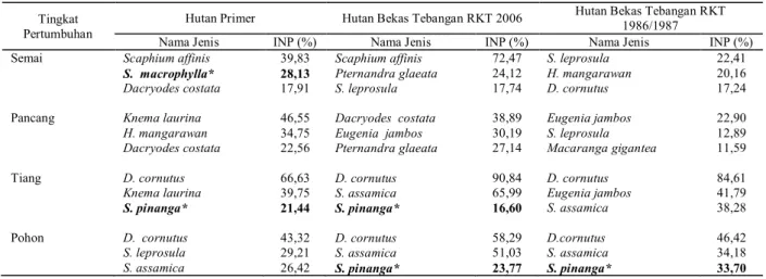 Tabel 3.  Jenis pohon dominan pada hutan primer, hutan bekas tebangan RKT 2006 dan hutan bekas tebangan RKT  1986/1987 di PT