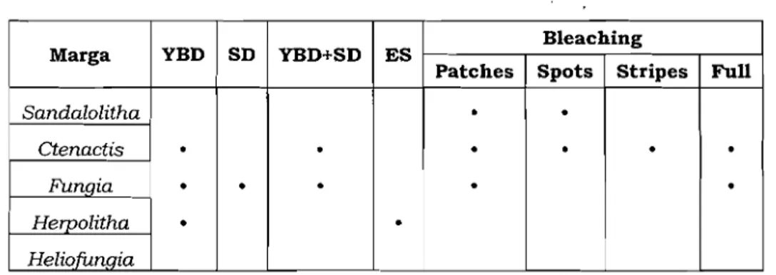Tabel 3. Penyakit karang yang muncul pada tiap marga  Bleaching  Marga  YBD  SD  YBD+SD  ES 