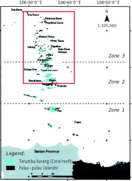 Figure 1. Research sites located the nearest (Zone 1), middle (Zone 2), and the farthest (Zone 3) from the mainland (Estradivari et al., 2009, Farhan &amp;