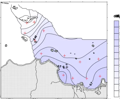 Gambar 5    Sebaran nitrit di permukaan perairan Teluk Jakarta dan sekitarnya         pada Musim Timur (Data Primer, 2004-2005)