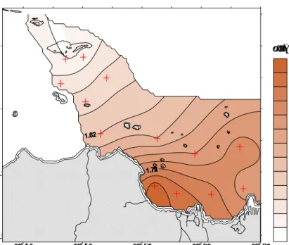 Gambar 7    Sebaran amonium di permukaan perairan Teluk Jakarta dan         sekitarnya pada Musim Timur (Data Primer, 2004-2005)
