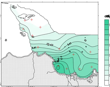 Gambar 9   Sebaran fosfat di permukaan perairan Teluk Jakarta dan sekitarnya                    pada Musim Timur (Data Primer, 2004-2005)