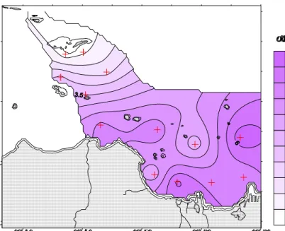 Gambar 3   Sebaran nitrat di permukaan perairan Teluk Jakarta dan sekitarnya         pada Musim Timur (Data Primer, 2004-2005)