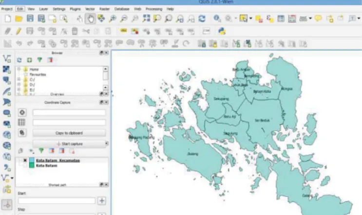 Gambar 3. Hasil Digitasi Kecamatan Kota Batam  Hasil digitasi peta Kota Batam menggunakan Quantum  GIS berupa shapefile yang berisi (data fitur geometri, index  dan atribut)