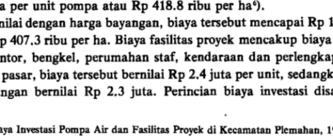 Tabel  7.  Biaya Investasi Pompa Air dan Fasilitas  Proyek di Kecamatan Plemahan,  1979/1980