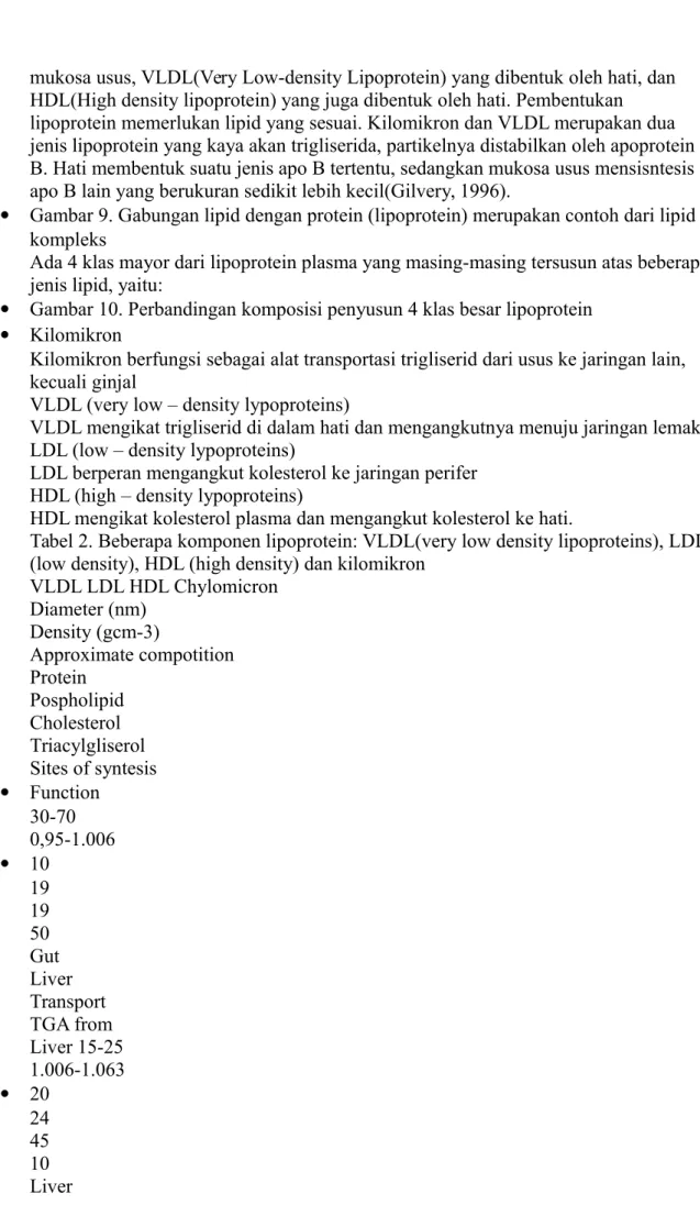 Tabel 2. Beberapa komponen lipoprotein: VLDL(very low density lipoproteins), LDL  (low density), HDL (high density) dan kilomikron