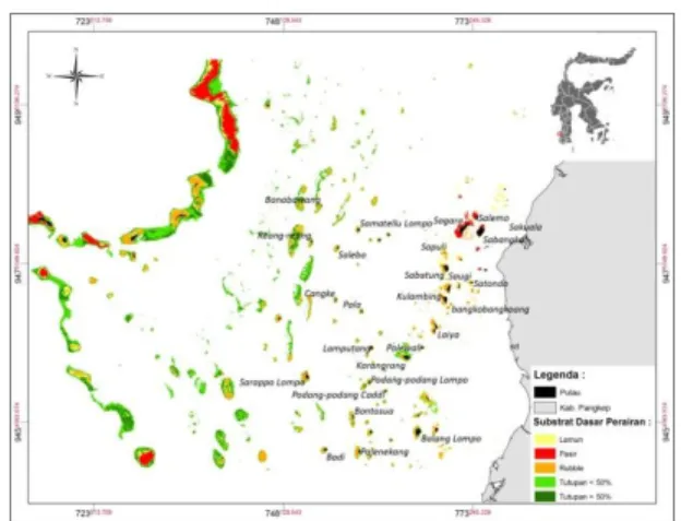 Gambar  2:Peta  sebaran  substrat  dasar  perairan  Liukang  Tuppabiring.  Total  luas  tutupan  karang  hidup  mencapai  12.108,16  ha,  68,5%  di  antaranya  merupakan  tutupan  karang  hidup  &lt;50%  (±  8.298,772  ha),  sedang  selebihnya  yaitu  sebe