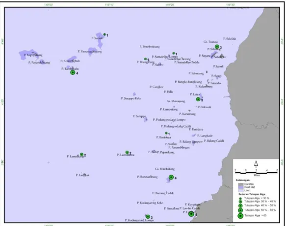 Gambar 5. Persentasi  tutupan makroalga untuk setiap pulau.  Huruf yang berbeda di atas grafik menunjukkan  perbedaan yang nyata pada α 5 % berdasarkan analisis ragam