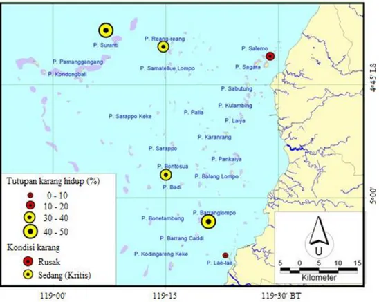 Gambar 3.   Peta sebaran kondisi dan tutupan karang hidup (periode April-Agustus 2011) di Kepulauan   Spermonde 