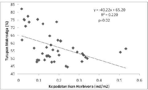 Gambar 9. Grafik hubungan kepadatan ikan herbivora  dengan tutupan makroalga 