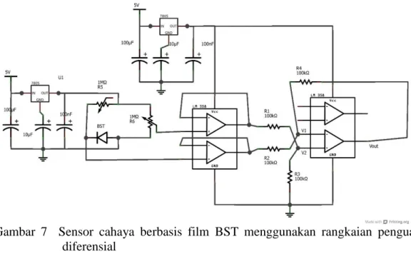 Gambar  7    Sensor  cahaya  berbasis  film  BST  menggunakan  rangkaian  penguat  diferensial 