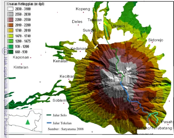 Gambar 1 Peta lokasi penelitian di kawasan Taman Nasional Gunung Merbabu. 