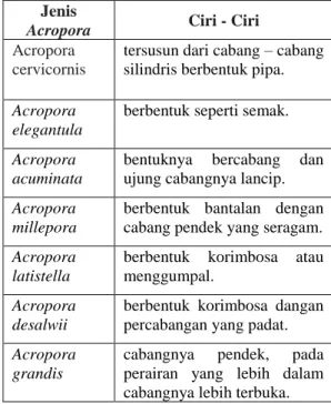 Tabel 1. Jenis – jenis Acropora (sumber: 