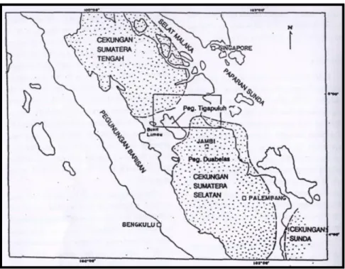 Gambar 3.  Peta Indek Cekungan Sumatera tengah dan      Cekungan Sumatera Selatan (Suwarna dkk, 1991) 