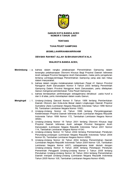 QANUN KOTA BANDA ACEH NOMOR 6 TAHUN 2005 TENTANG TUHA PEUET GAMPONG ...