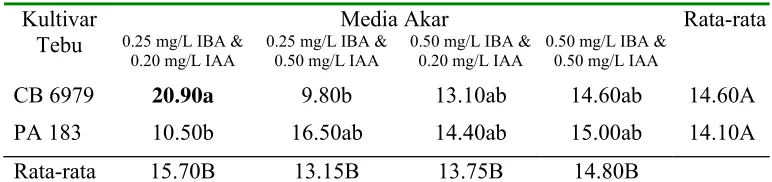 Tabel 6.  Rata-rata jumlah tunas planlet tebu kultivar PA 183 & CB 6979 pada media perakaran pada minggu ke-4 sampai minggu ke-6 