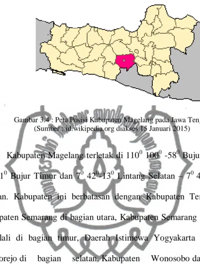 Gambar 3.4 : Peta Posisi Kabupaten Magelang pada Jawa Tengah  (Sumber : id.wikipedia.org diakses 15 Januari 2015) 