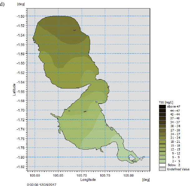 Figure 7.  TSS distribution on Kelabat Bay for a) 1 month, b) 3 months, c) 6 months and d) 1  year (white colour: TSS still under sea water quality standarts)