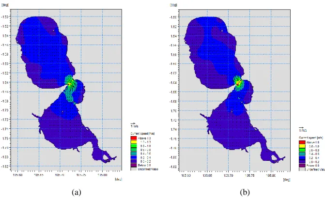 Figure 5. Current pattern at Kelabat Bay on (a) toward high tide, and (b) toward low tide