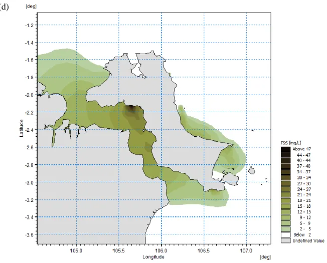 Figure 6.  TSS distribution on Bangka Waters for a) 1 month, b) 3 months, c) 6 months and d)  1 year (white colour: TSS still under sea water quality standarts)