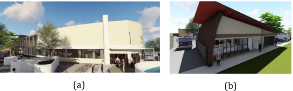 Gambar 3. Bagian Allah Anak, (a) tampak depan bangunan Gereja  GPdI, (b) tampak depan bangunan sosial dan keagamaan 