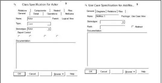 Gambar 2. 17 Spesifikasi Dari Item Actor Dan Use Case(Hermawan 2004)  Setelah data actor dan use case terisi, tugas terakhir adalah  melengkapi  dengan  garis  penghubung  menggunakan  Toolbar  &gt; 