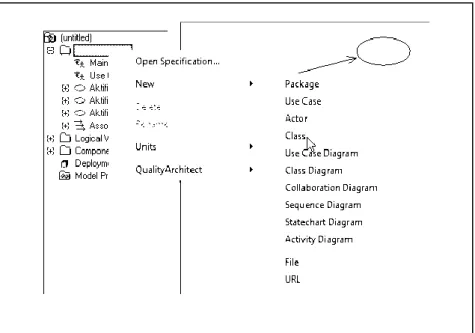 Gambar 2. 19 Menu Untuk Menambah Class Baru (Hermawan 2004)  Selanjutnya  masukkan  Toolbat&gt;Class  pada  menu  toolbar  ke Diagram Window seperti pada Gambar 2.24