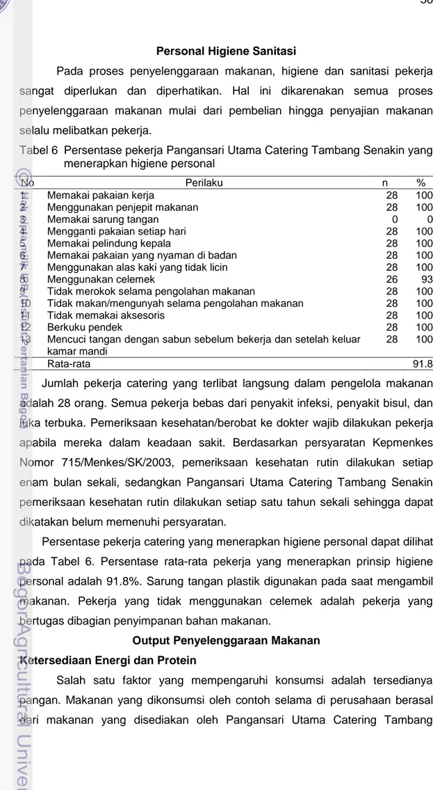 Tabel 6  Persentase pekerja Pangansari Utama Catering Tambang Senakin yang  menerapkan higiene personal 