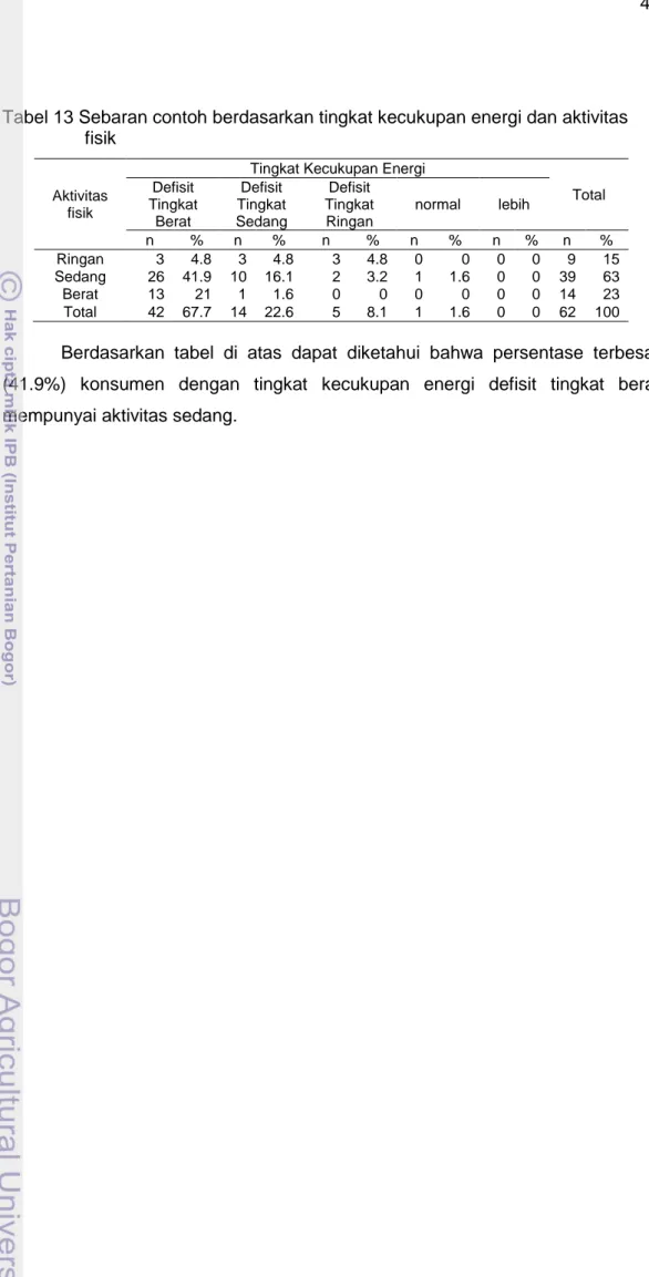 Tabel 13 Sebaran contoh berdasarkan tingkat kecukupan energi dan aktivitas  fisik 