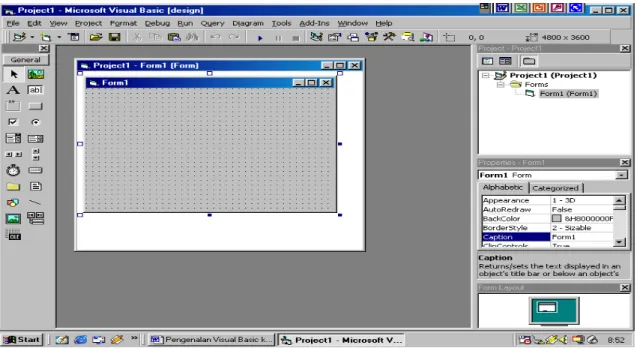 Gambar 1-2 IDE Visual Basic dengan jendela-jendela yang terbuka.  