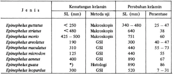 Tabel 1. Kematangan  dan  perubahan  kelamin  beberapa jenis ikan kerapu berdasarkan  panjang standar (SL).