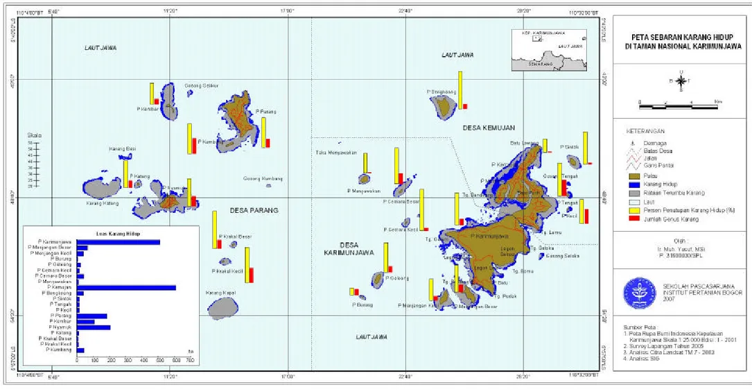 Gambar 19 Peta sebaran lokasi dan kondisi karang hidup di kawasan Taman Nasional Karimunjawa 