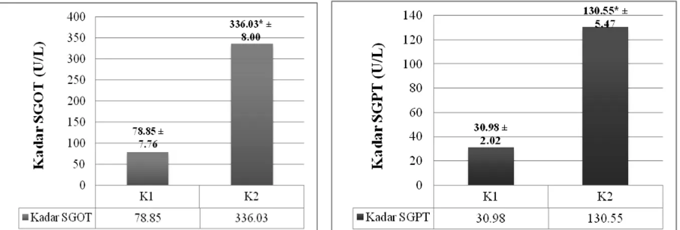 Gambar 1. Hasil rata-rata (±SE) kadar SGOT (a) dan kadar SGPT (b) setelah induksi doksorubisin