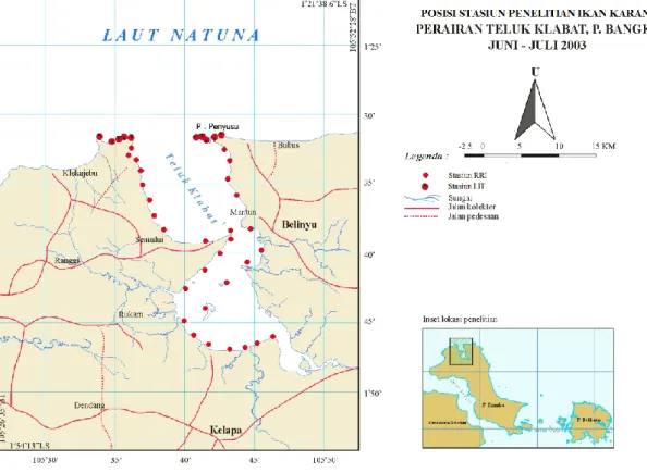 Gambar 1. Lokasi stasiun penelitian (titik merah) di Teluk Klabat, Bangka 