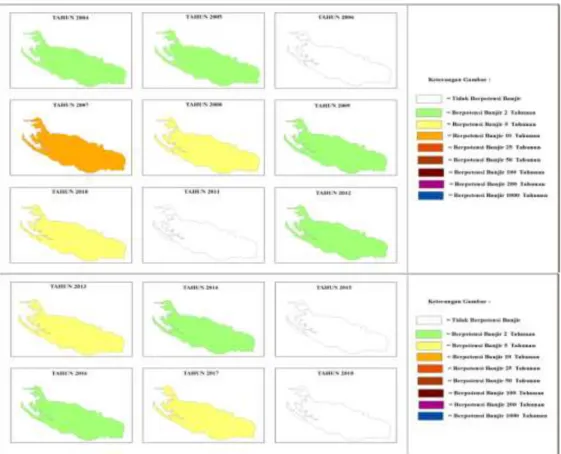 Gambar 4. Peta potensi banjir di DAS Temon tahun 2004 sampai dengan 2018 