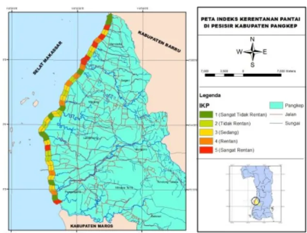 Gambar 7. Peta Indeks Kerentanan Pantai    Berdasarkan  Parameter  Perubaan  Garis  Pantai Di Kabupaten Pangkep 