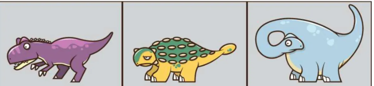 Gambar  karakter  dinosaurus  bergaya  kartun  disesuaikan  dengan  selera  anak-anak  dengan  warna  yang  vivid dan stroke tebal untuk mudah dibedakan dari latar belakang