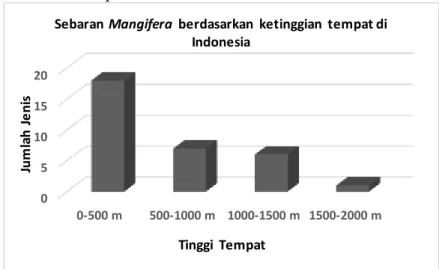 Gambar  3. Sebaran jenis Mangifera berdasarkan ketinggian tempat tumbuh di Indonesia  Berdasarkan  pengelompokkan  tempat  tumbuhnya  terlihat  bahwa  jenis  Mangifera  hampir  100%  tumbuh  di  hutan  dataran  rendah  (lowland)  lahan  kering,  baik  di  