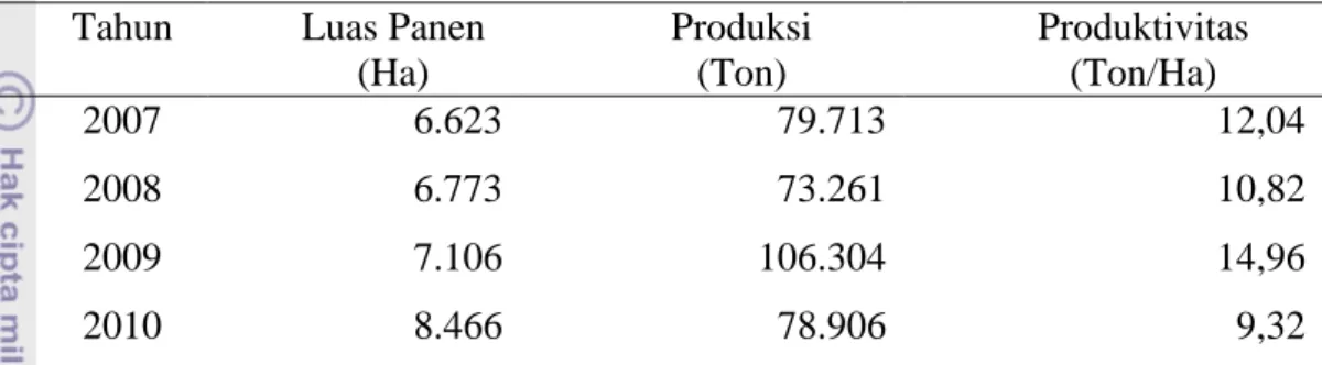 Tabel  2.  Perkembangan  Luas  Panen,  Produksi  dan  Produktivitas  Cabai  Rawit   Menurut Provinsi Jawa Barat Tahun 2007-2010 