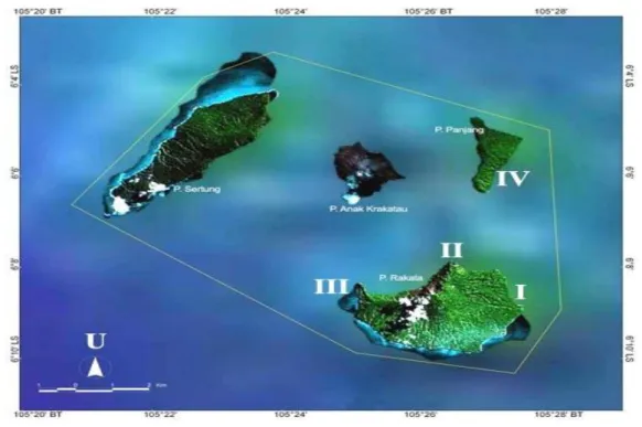 Gambar 1. Peta lokasi pengamatan di Pulau Rakata dan Pulau Panjang  (http://www.krakatau.or.id/potensi.htm, 2012) 