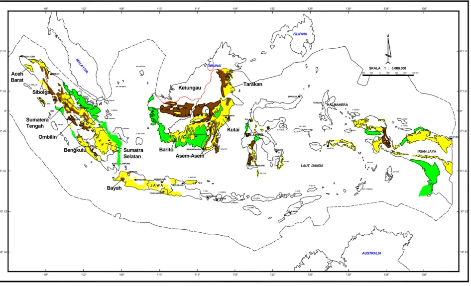 Gambar 1. Peta Sebaran Bitumen Padat di Indonesia  P. KOLEPOM98°BANDA ACEHMEDANJAMBIBENGKULUPALEMBANGBENGKULUBANDARLAMPUNGBANDUNGSEMARANGYOGYAKARTASURABAYADENPASARMATARAMKUPANGPONTIANAKSAMARINDAPALANGKARAYABANJARMASINMANADOPALUKENDARIUJUNG PANDANGTERNATEAM